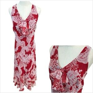 Jonathan Martin Y2K Bias Cut‎ Midi Dress 16 Tie Front Ruffle Tiered Hem Paisley